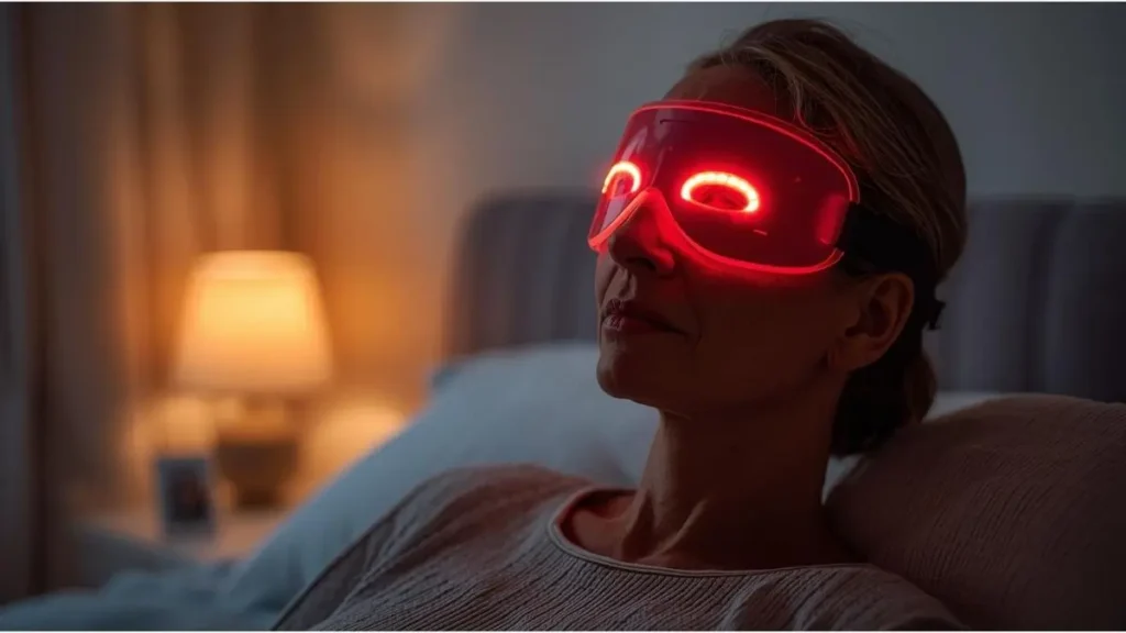 Woman using red light therapy mask at home for skin health