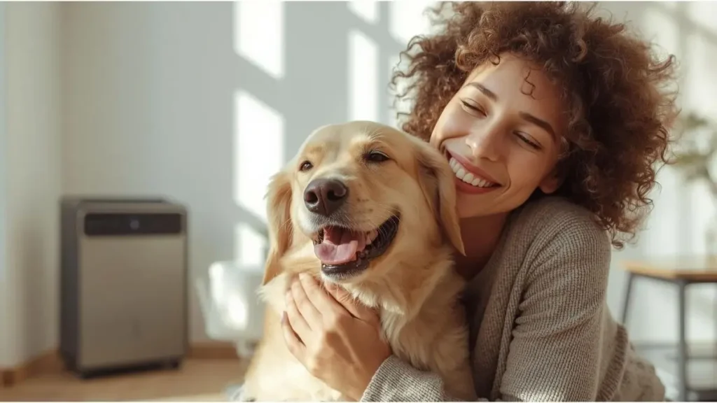 HEPA air purifier for pet hair and dander in modern apartment with dog
