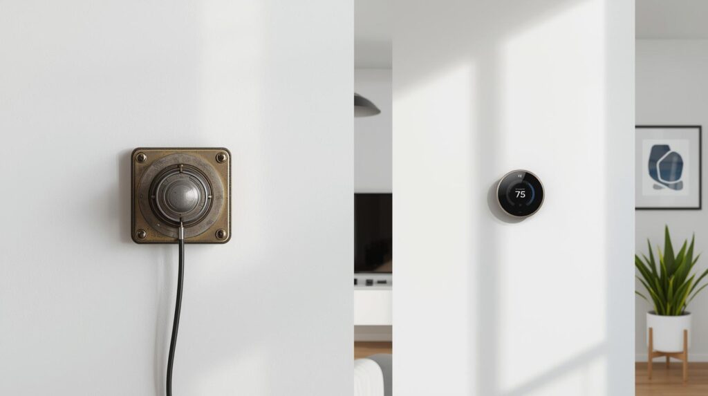 Side-by-side comparison: old wired thermostat vs. modern wire-free smart thermostat on white wall — renter-friendly upgrade