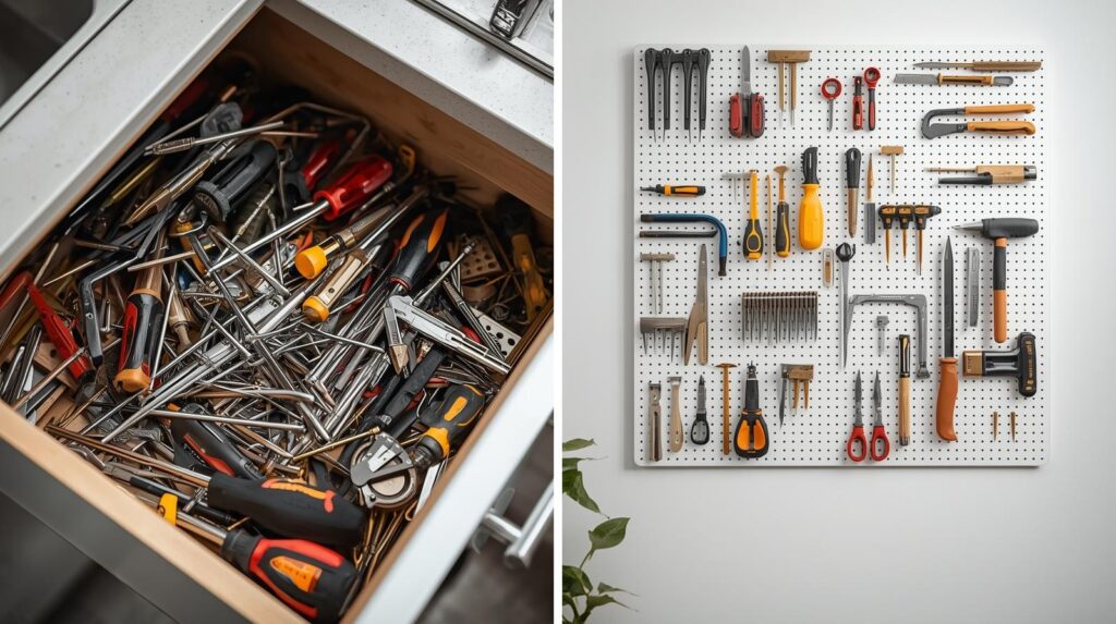 Before and after: messy tool drawer vs. clean wall-mounted organizer