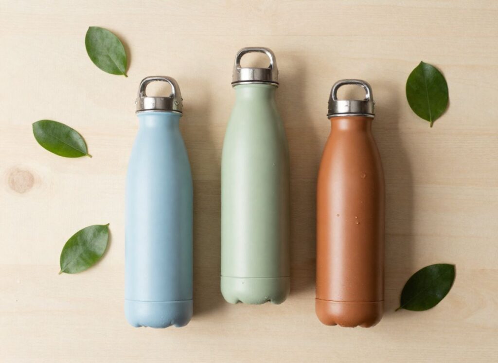 Best reusable water bottles for daily use — stainless steel eco-friendly bottles with green leaves
